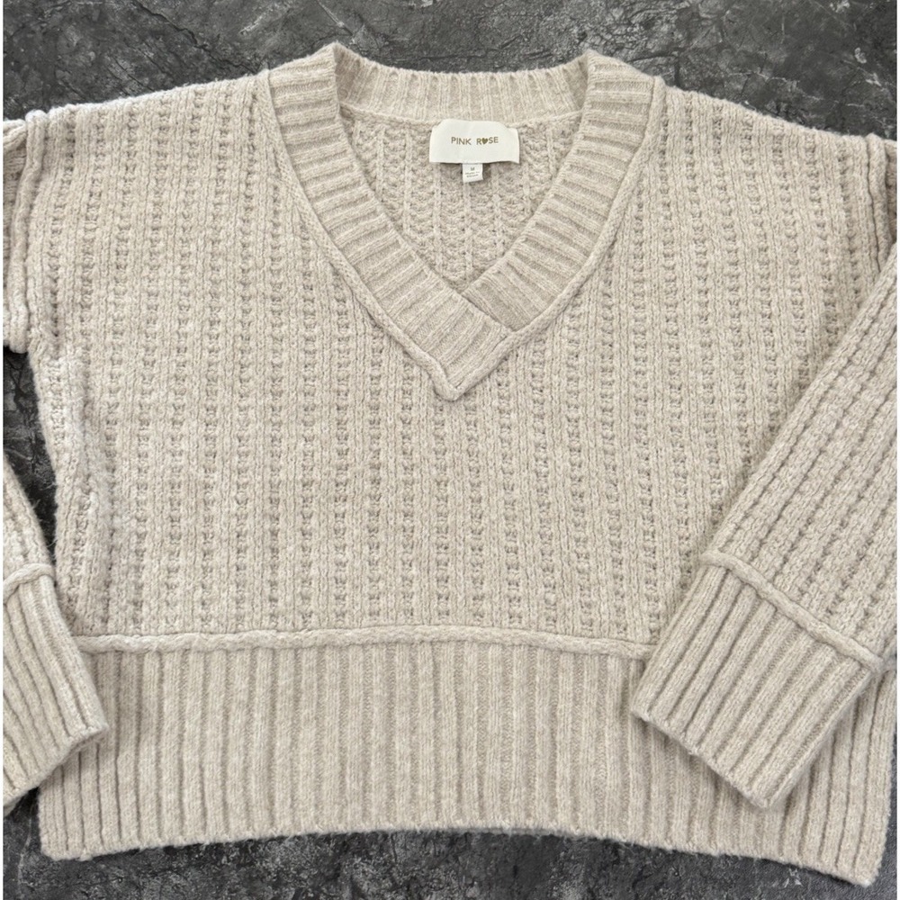 Pink Rose Textured V Neck Cropped Ribbed Sweater SOFT Cream Boxy Oversized Sz M